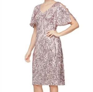 Size 6 muave ORCHID cold shoulder flutter sleeve sequin sheath cocktail Alex Eve